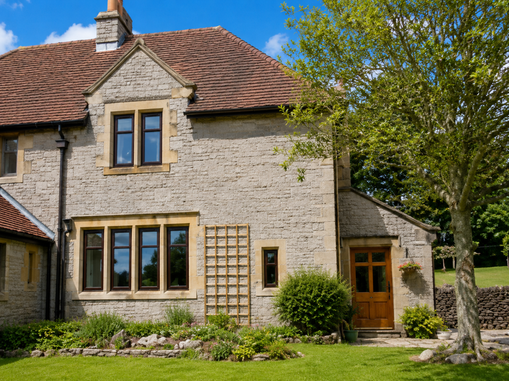 Bronze aluminium casement windows on a stone cottage with oak front door, Derbyshire