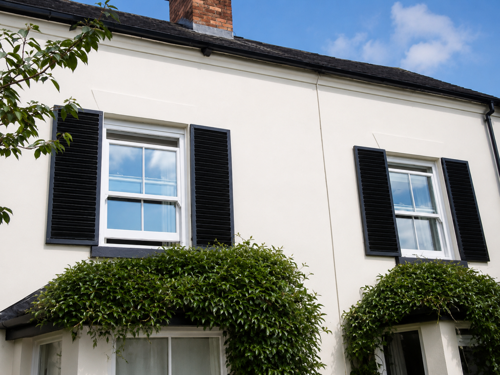 Traditional white PVCu sliding sash window with black shutters on a period cottage, Derby