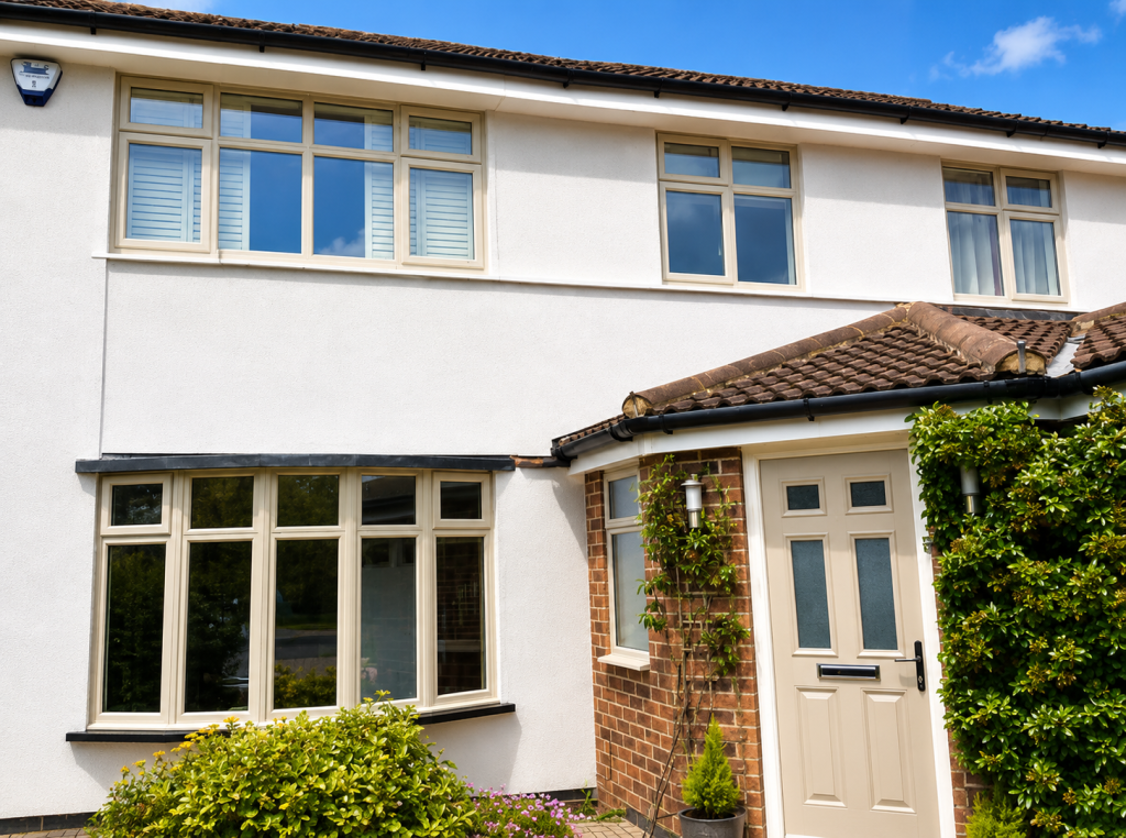 Pebble grey flush fit PVCu windows and composite front door installed on a semi-detached home in Derby