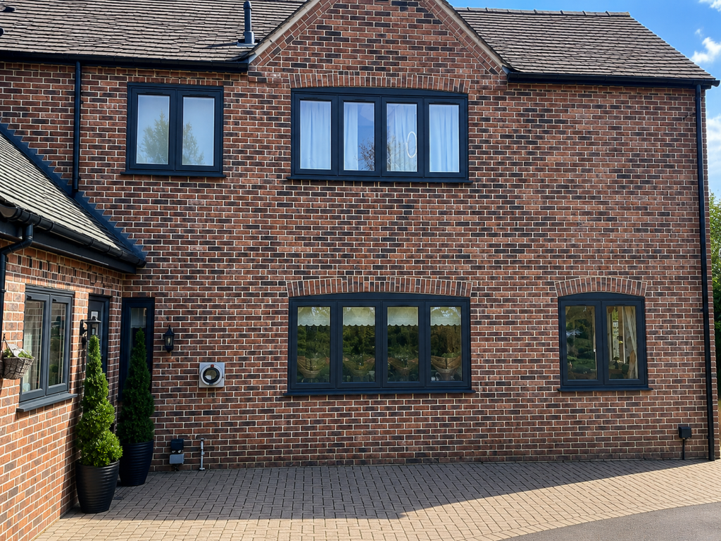 Anthracite grey aluminium windows fitted on a detached brick home in Derbyshire