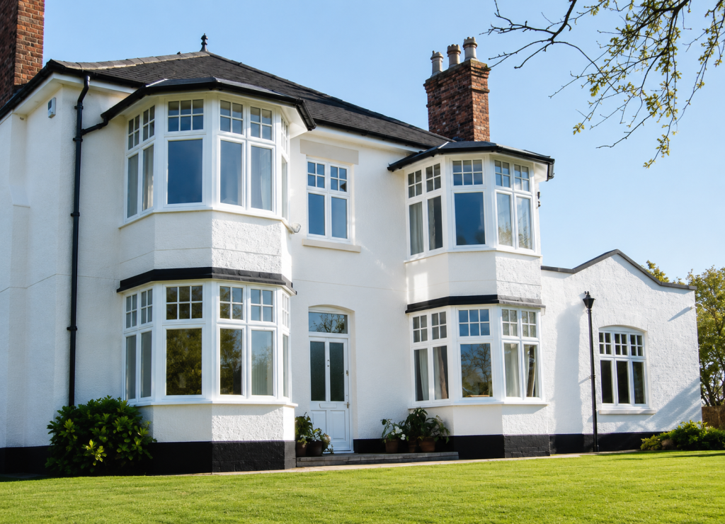 White hardwood bay windows with Georgian bar detailing on a period property, Derby