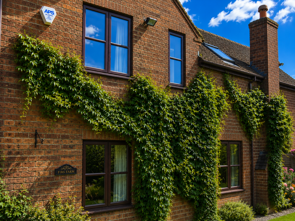 Brick house with ivy climbing the exterior walls, hardwood triple glazed windows and doors, Derby home installation