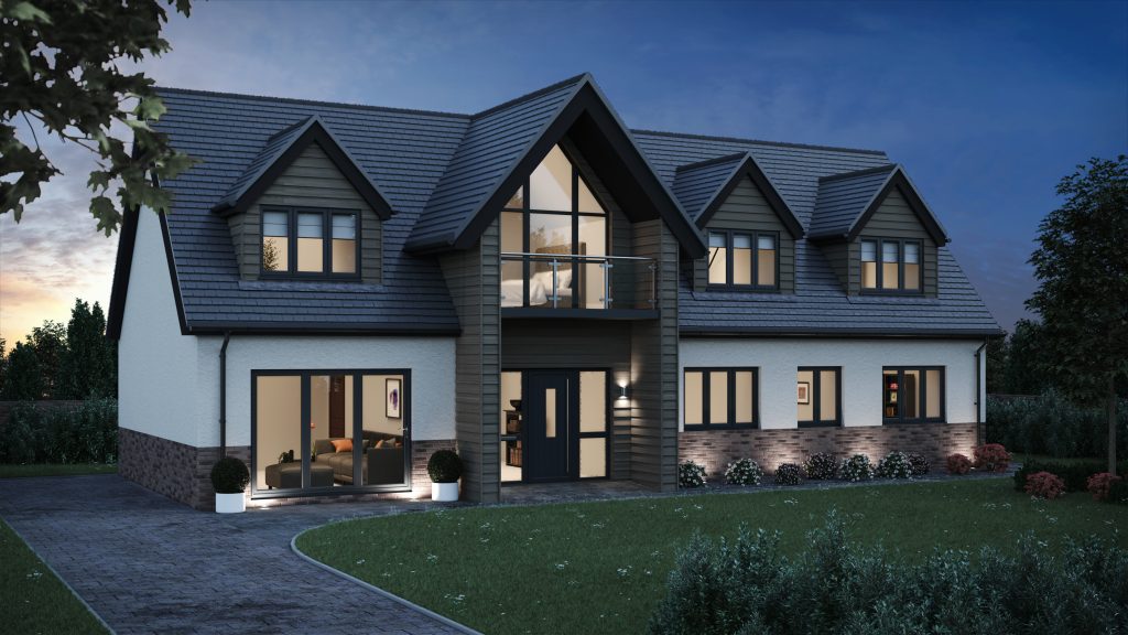 Anthracite grey flush fit PVCu windows and composite front door on a large detached home in Derbyshire