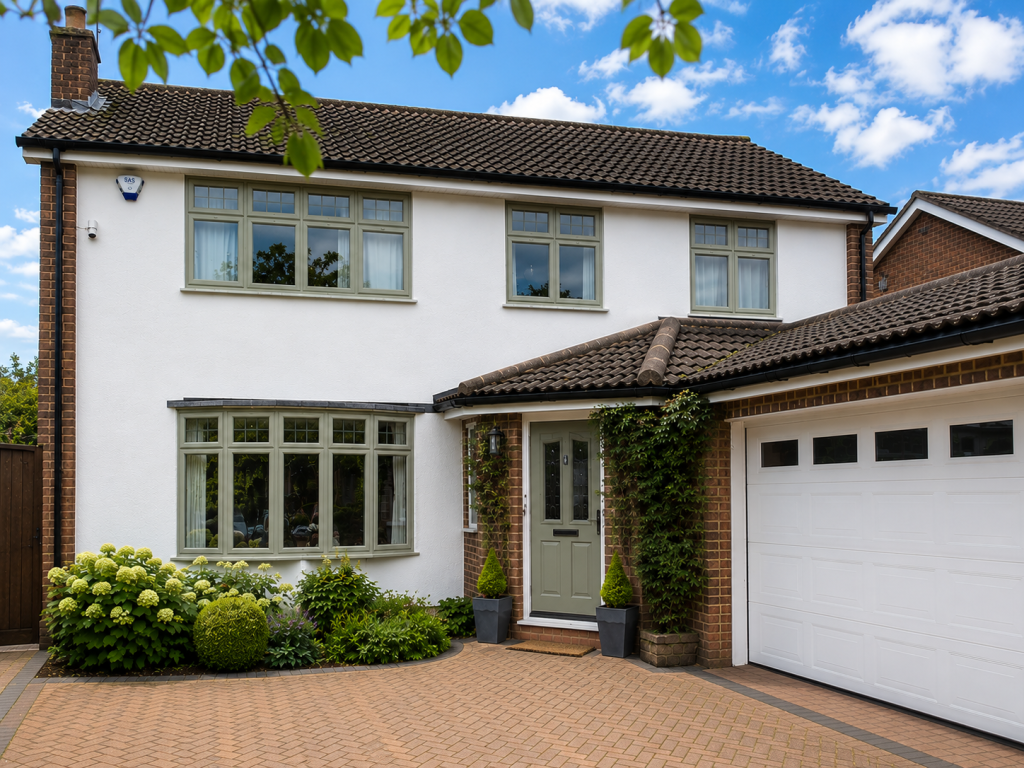Sage green aluminium casement windows and composite front door on a white rendered home, Derby