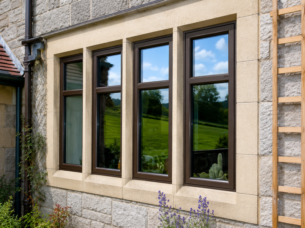 Dark brown aluminium casement windows on a stone home, Derby
