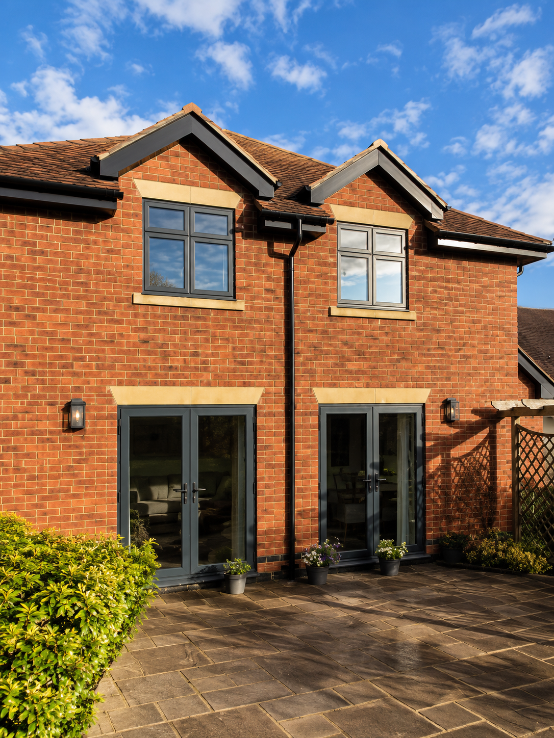 Anthracite grey aluminium casement windows and French doors on a red brick home, Derby