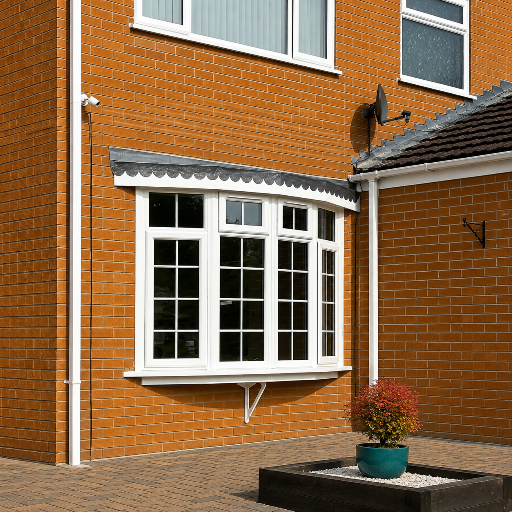 White PVCu bay window with decorative glazing bars on a brick home exterior.