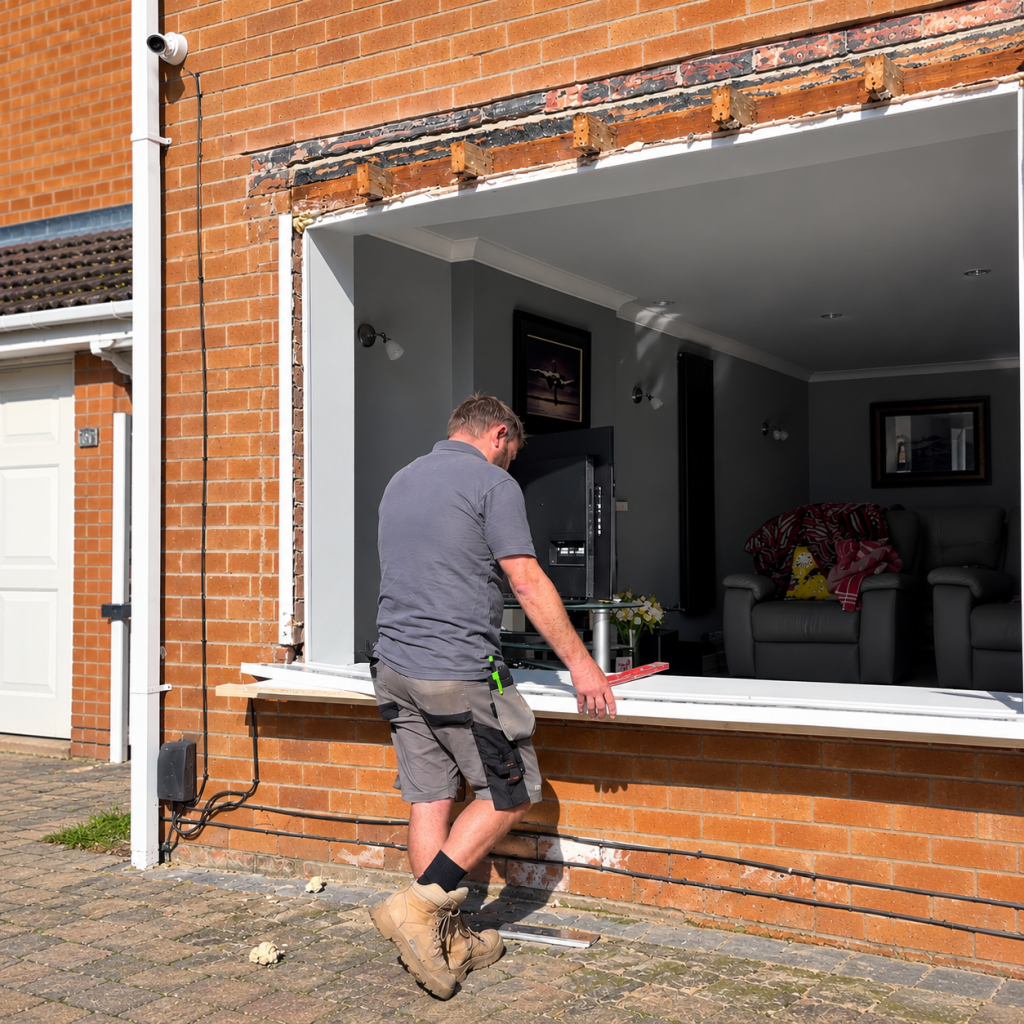 Installer fitting a new UPVC window into a large opening during a home renovation. I prefer this response