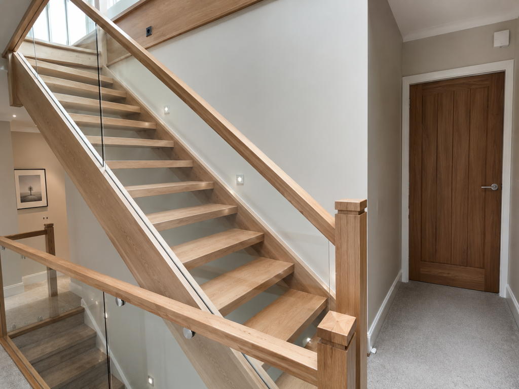 Oak staircase with frameless glass balustrade, creating a modern, light-filled interior with stylish safety and unobstructed views.