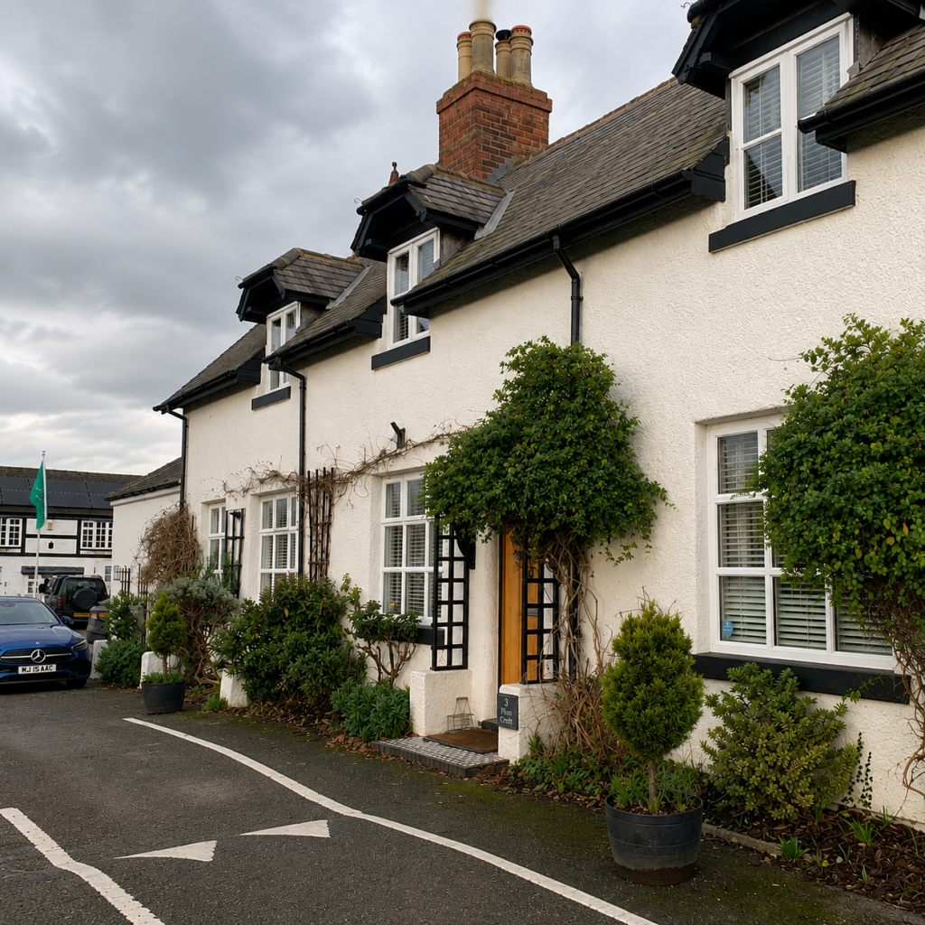 White cottage with black-trimmed windows, slate roof and landscaped front garden under a cloudy sky.