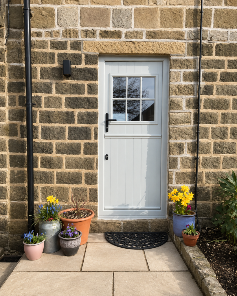 White cottage-style entrance door with glazed top panel, black hardware and traditional vertical panelling, set within a natural stone façade with decorative potted flowers.