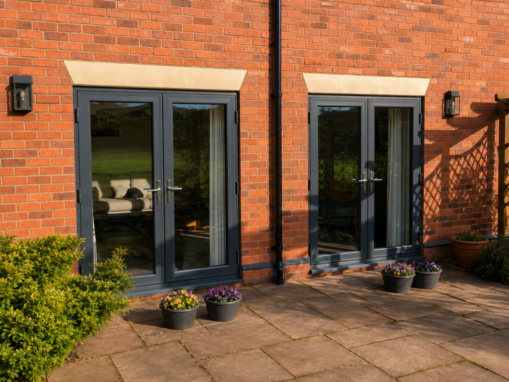 Anthracite grey French doors with large glazed panels, installed in a traditional red brick home, opening onto a paved patio with landscaped planting.