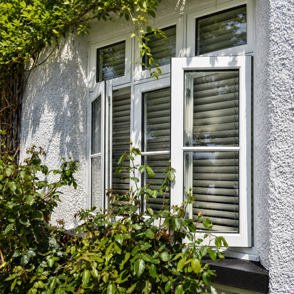 White Flush Fit window with opening casement, fitted with internal blinds and surrounded by climbing greenery.