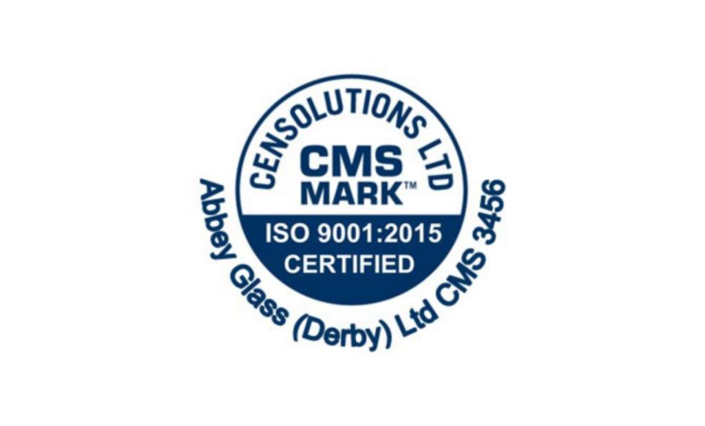 CMS Mark ISO 9001:2015 certification logo, confirming Abbey Glass (Derby) Ltd operates a quality management system certified to ISO 9001 standards.
