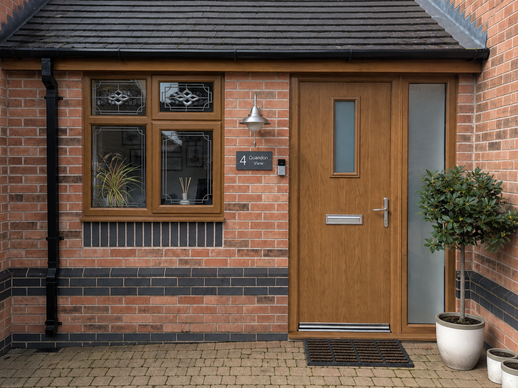 Golden oak composite front door with a slim glazed panel and full-height frosted sidelight, installed on a traditional red brick home with matching oak-effect window frames.
