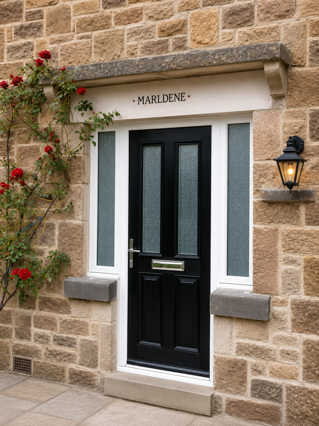 Black composite front door with frosted glass side panels installed in a traditional stone house, featuring a white frame, chrome letterbox, and climbing red roses around the entrance.