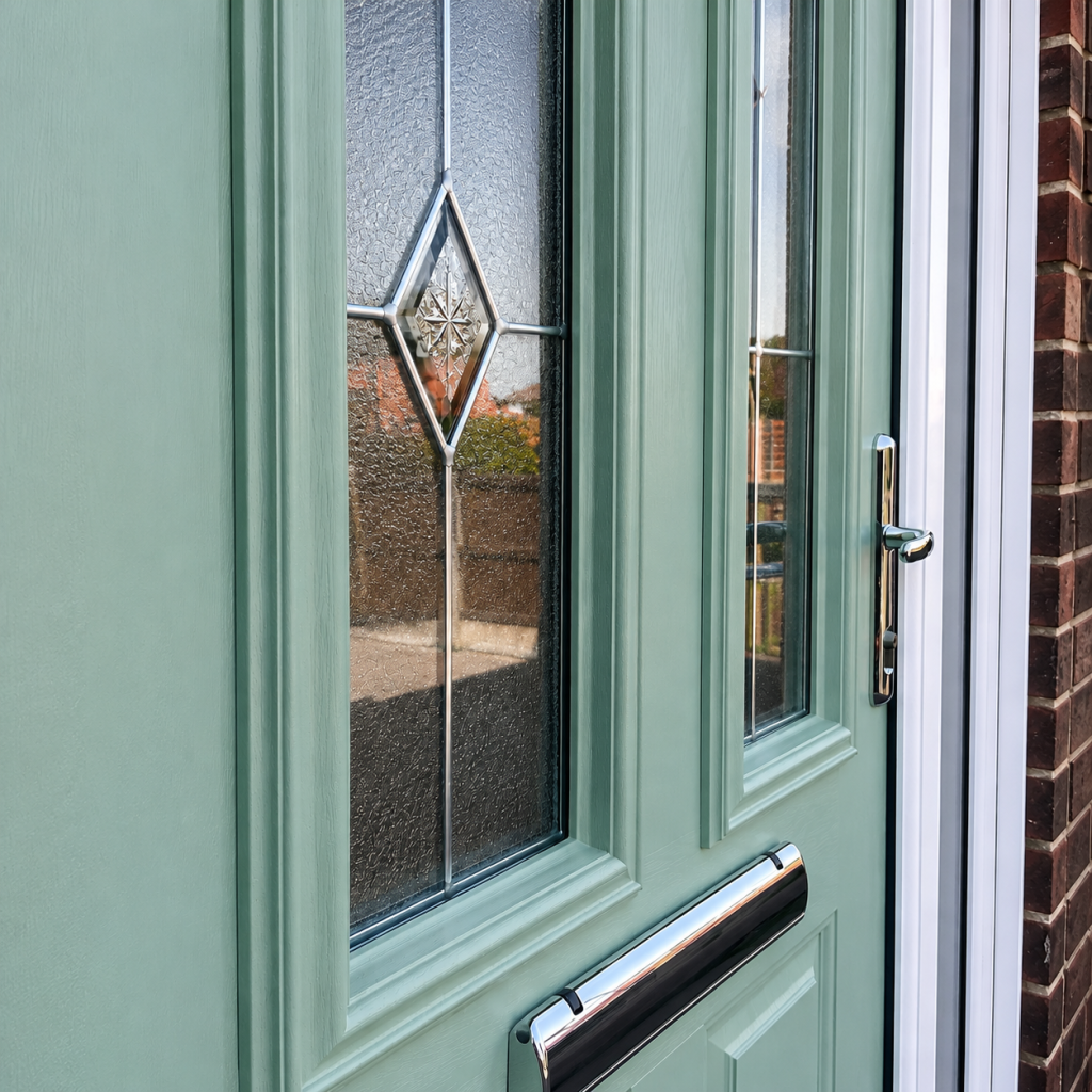 Mint green composite front door with decorative diamond glass and chrome hardware.