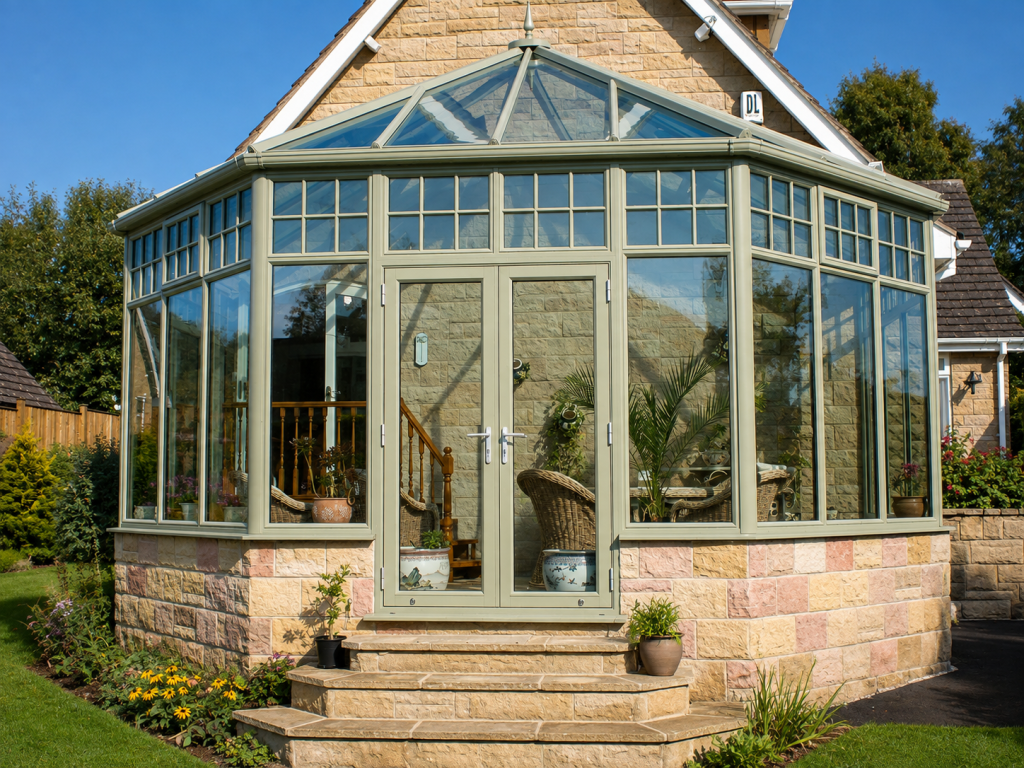 Traditional sage green conservatory with a glazed gable roof, French doors and full-height windows, installed on a natural stone home with landscaped gardens and stone steps
