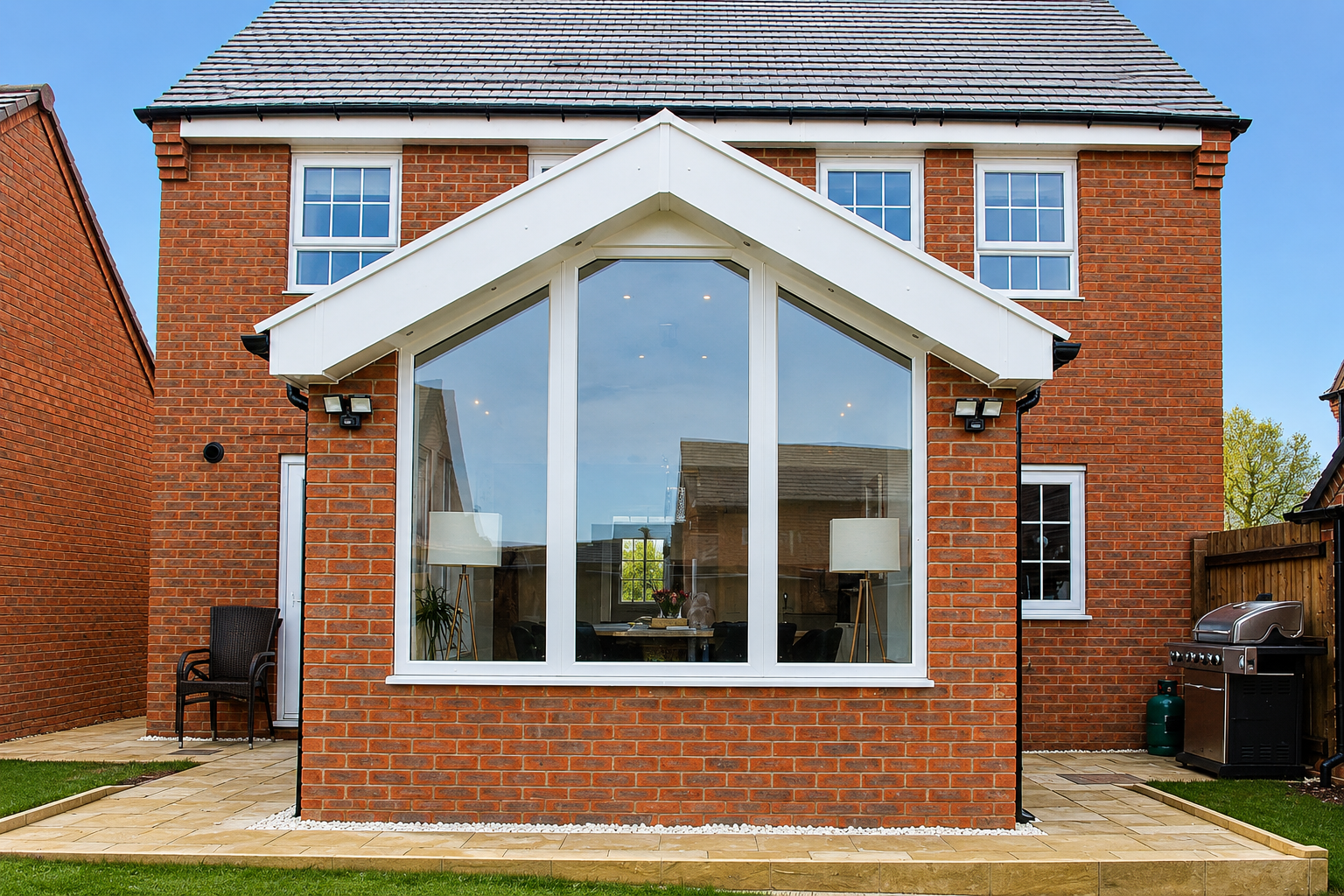 Modern white uPVC gable-end conservatory with full-height glazed panels and a tiled roof, installed on a detached red brick home with a landscaped patio and lawn