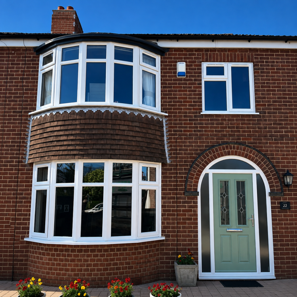 White PVCu bay windows and composite front door on a traditional brick home.