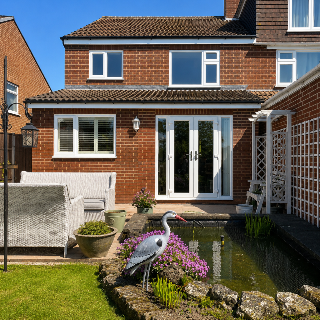 White uPVC French doors and windows on a red-brick home opening onto the garden patio.