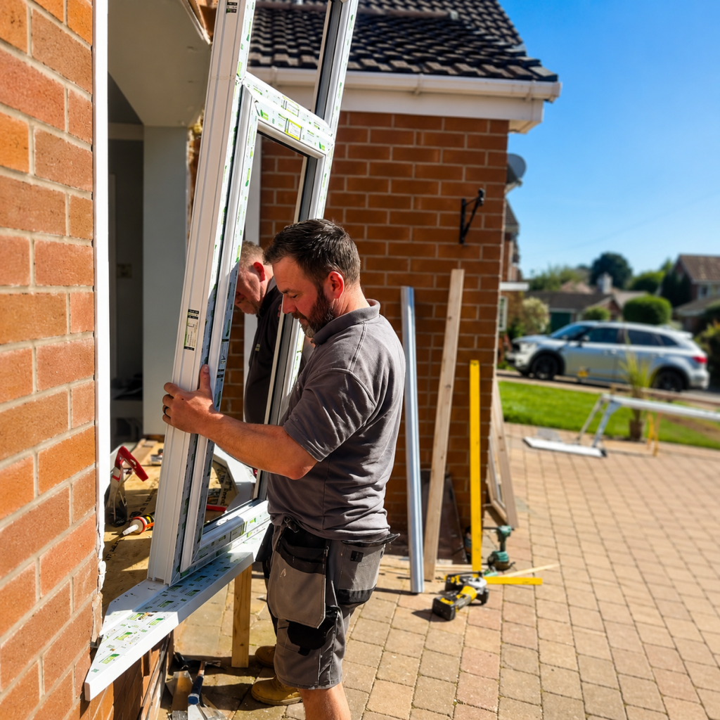 Window installer fitting a white replacement window into a red brick home.