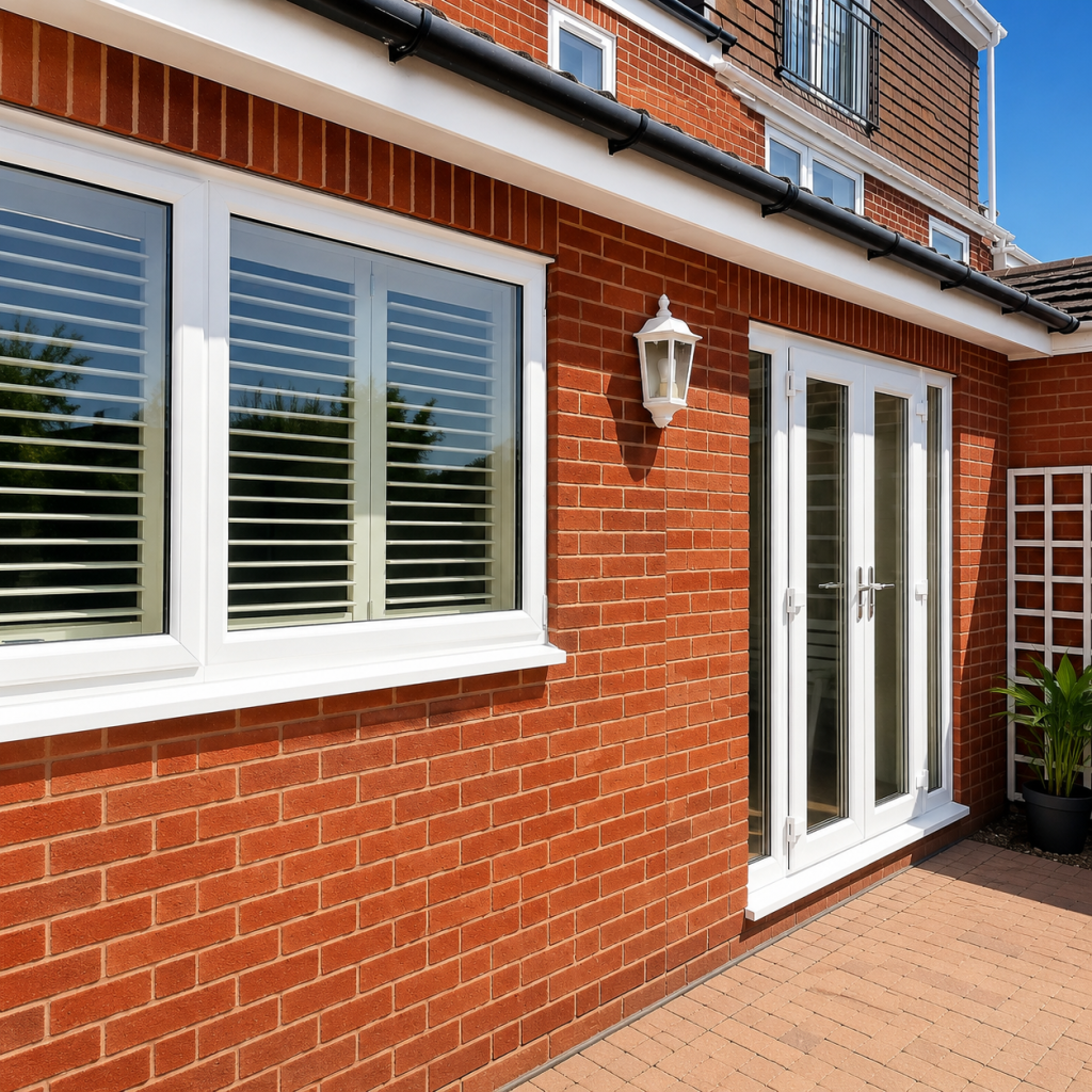 White PVCu window with plantation shutters and French doors with glazed sidelights on a red brick home.