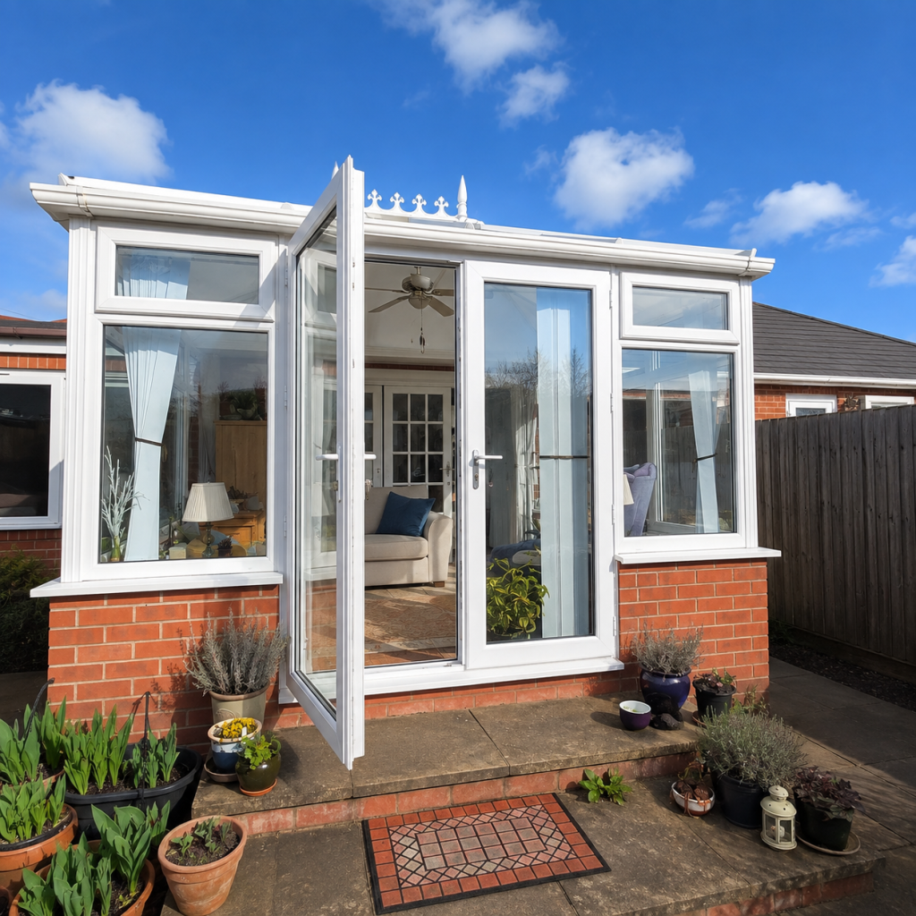Old conservatory with existing glazed roof and white uPVC frames before roof replacement