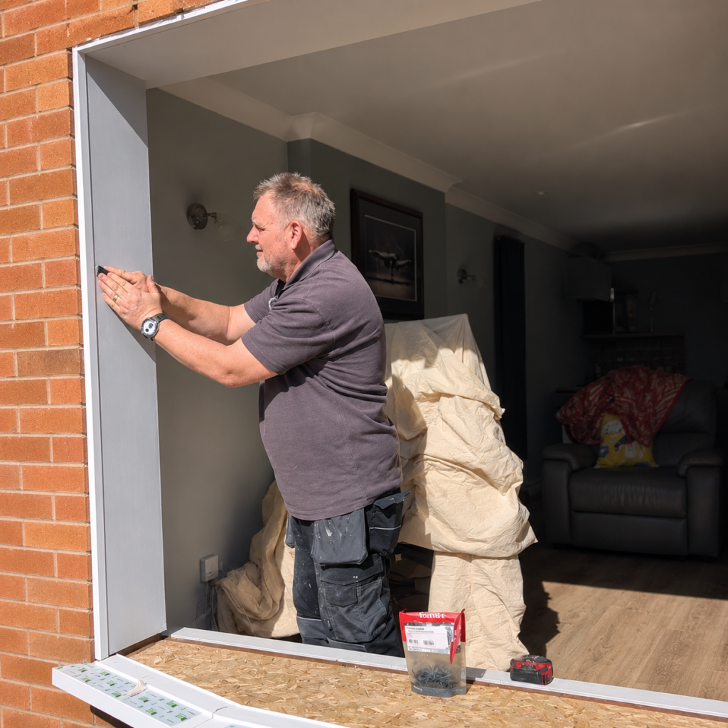 : Tradesman installing window trim during a home window replacement project.