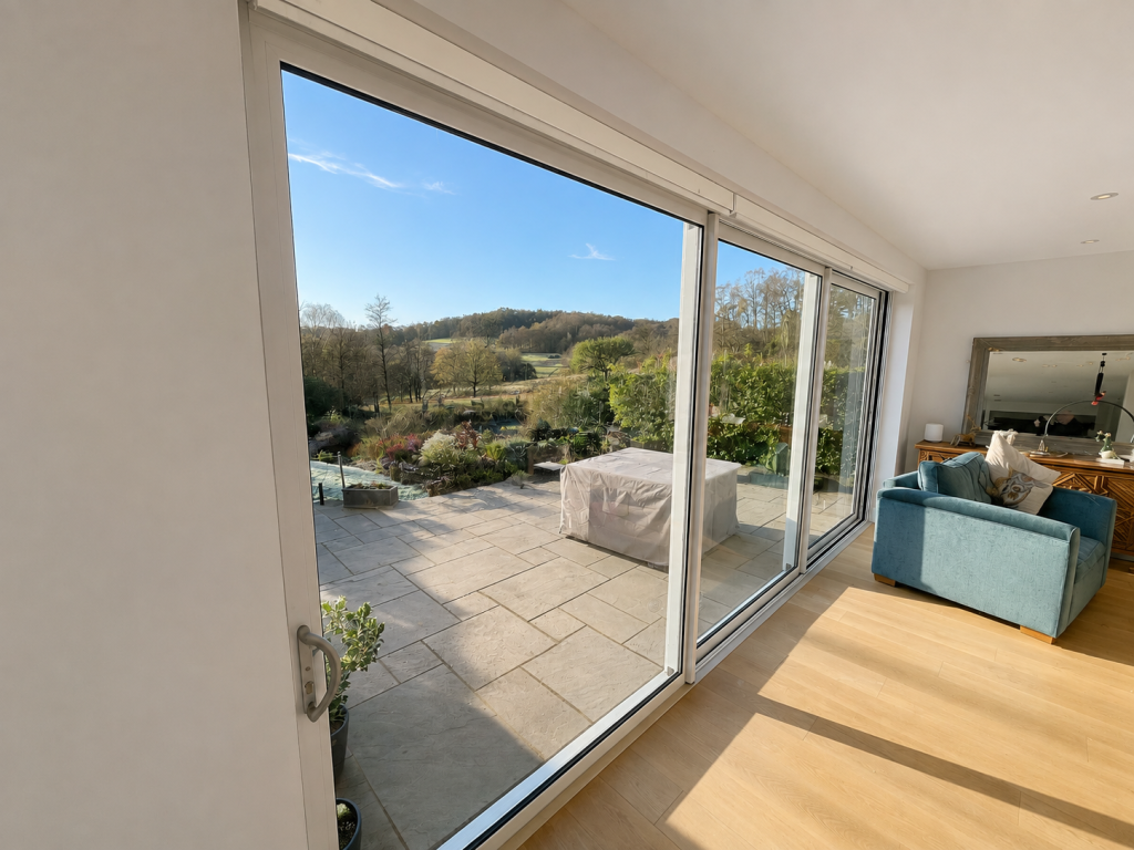Modern white uPVC sliding patio doors opening onto a spacious stone terrace, offering panoramic countryside views and filling the contemporary living space with natural light.