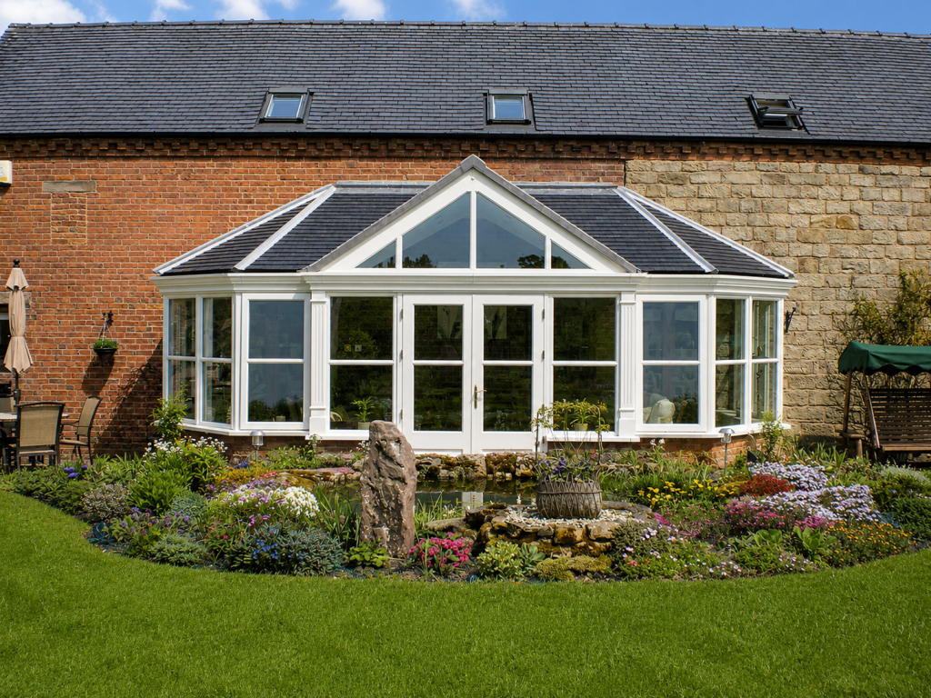 Traditional white hardwood garden room with a gable-front design, tiled roof and large glazed panels, installed on a stone and red brick property overlooking a landscaped garden with a decorative pond and flower beds