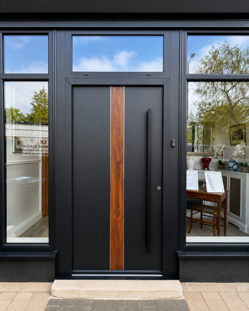 Contemporary black Gerda entrance door with a vertical wood-effect inlay, oversized black pull handle and matching side glazing, installed within a modern anthracite aluminium frame.