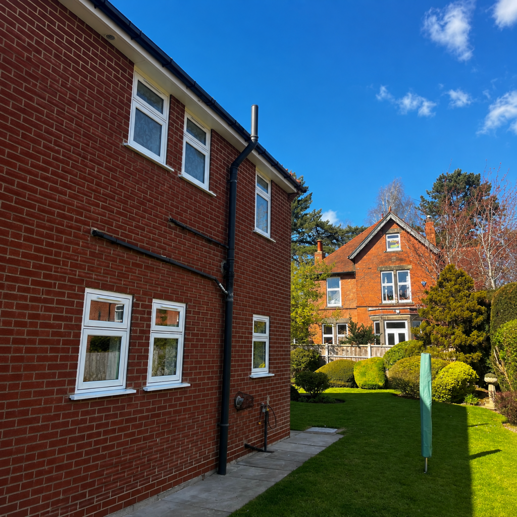 Flush Fit uPVC windows installed on a red brick home, with clean white frames and a neat, traditional finish.