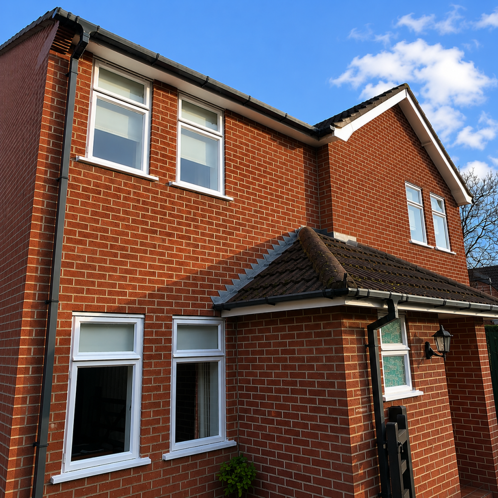 White replacement windows installed on a red brick home.