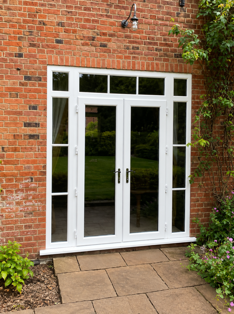 White uPVC French doors with matching side panels and top lights, installed in a traditional red brick home overlooking a landscaped garden.