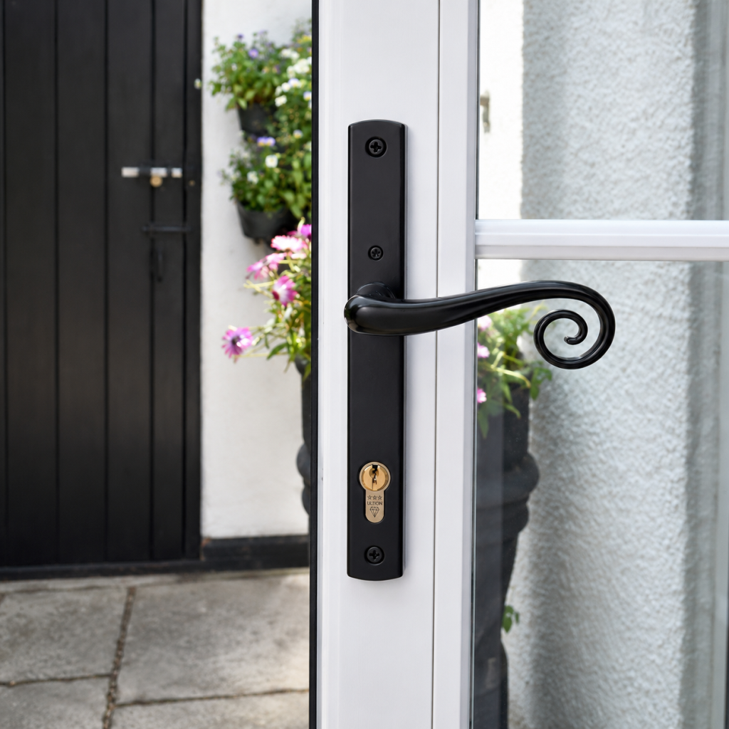 White French door with a black monkey tail handle.
