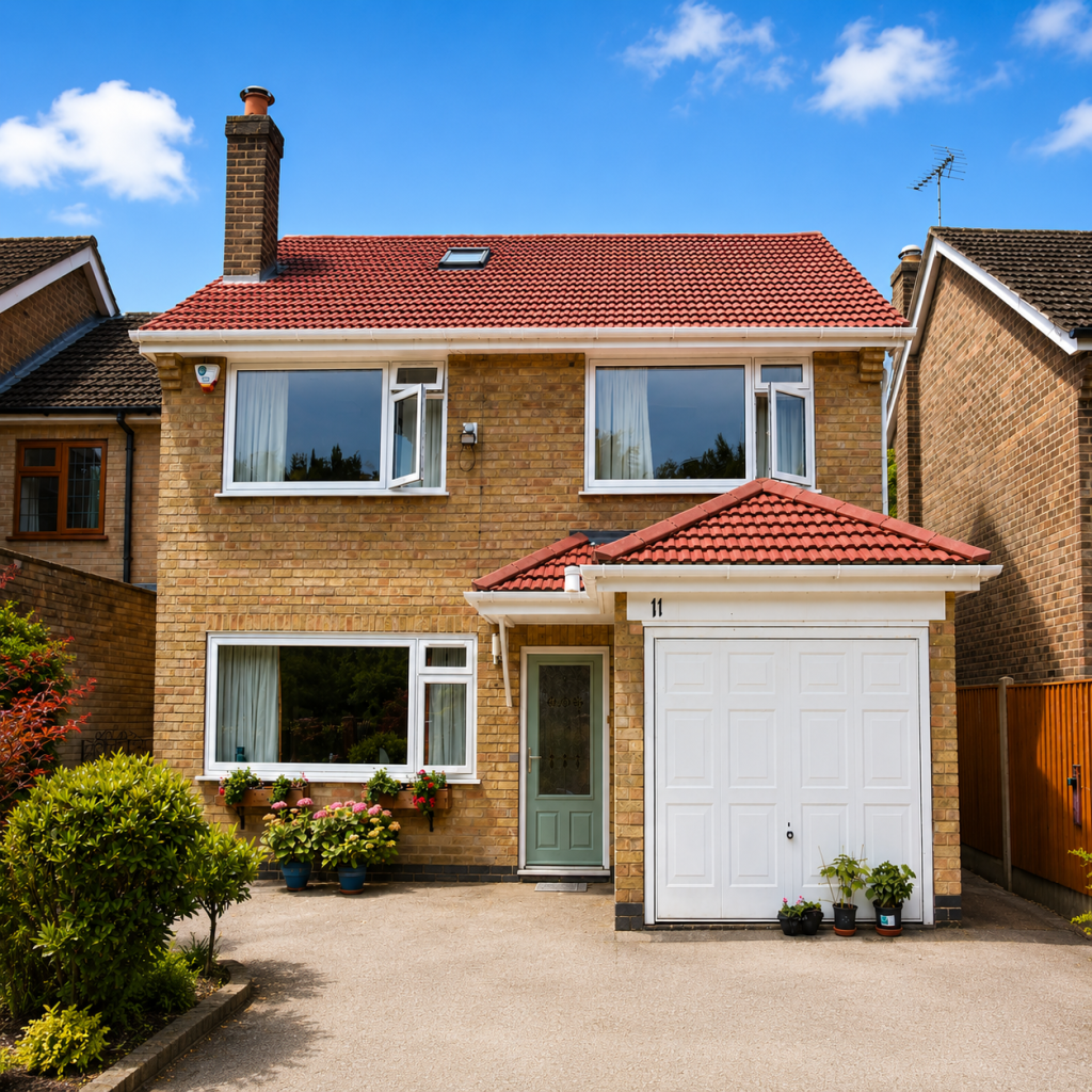 White replacement windows and a green composite front door with bespoke glass design on the front of a brick home.