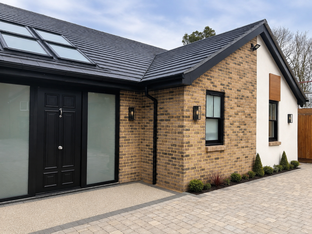 Black Gerda entrance door with frosted full-height side panels, installed on a contemporary brick and rendered home with a modern tiled roof and block-paved driveway.