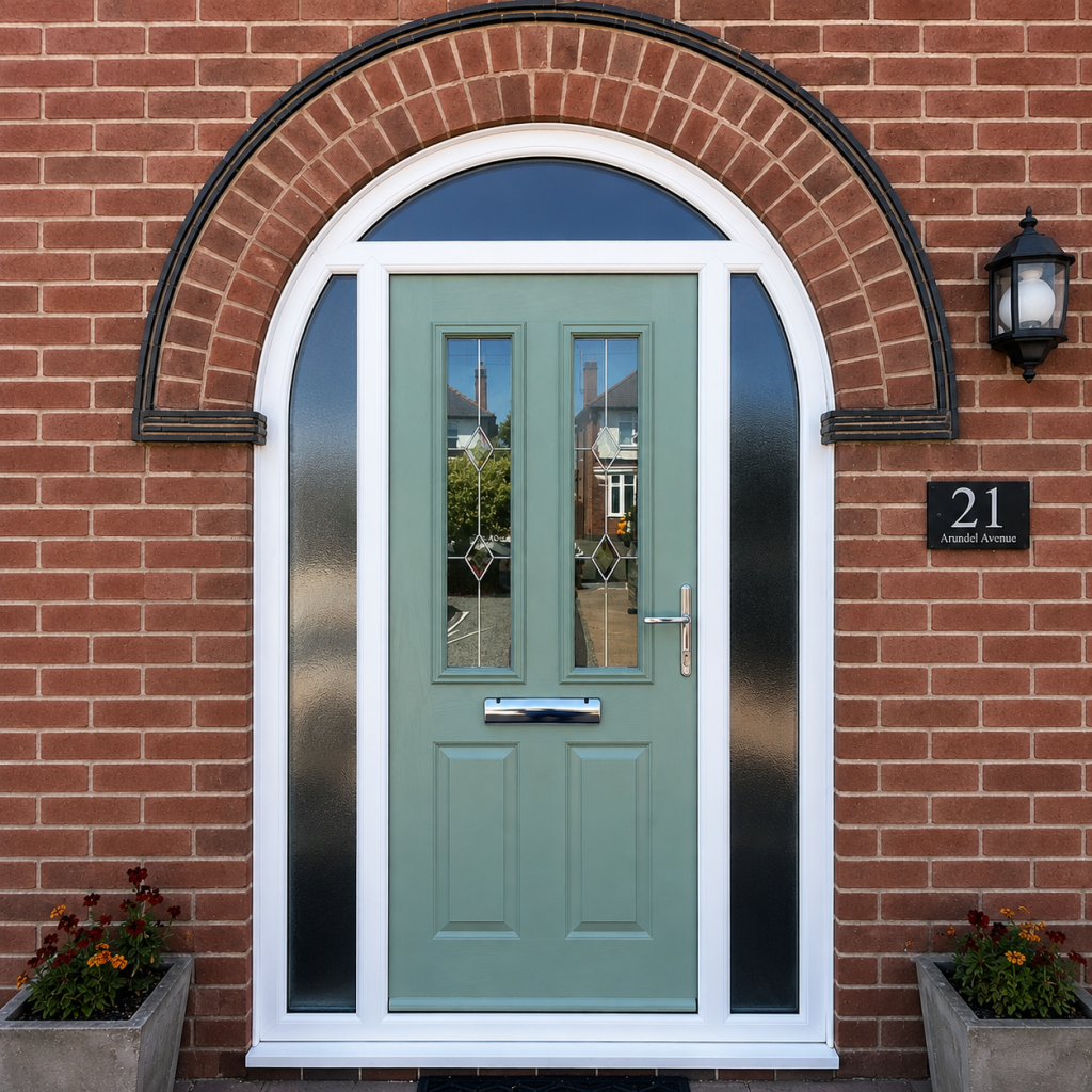 Sage green composite front door with decorative glass, white frame and frosted side panels set within a traditional brick archway.