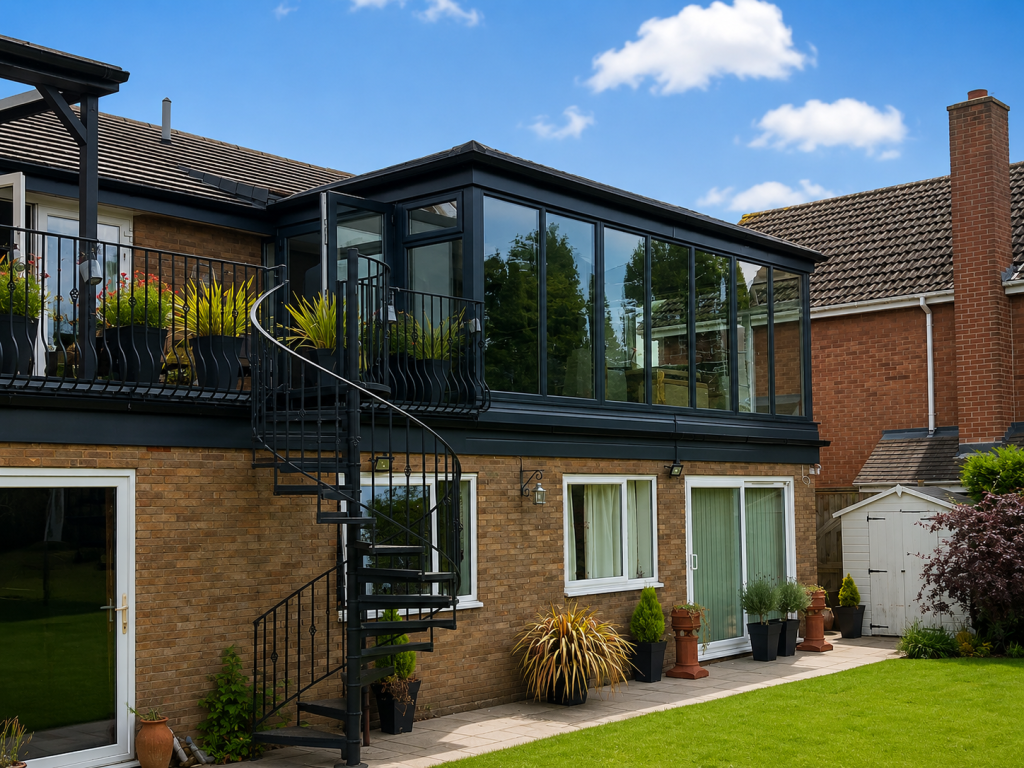 Modern aluminium garden room with floor-to-ceiling glazing and a contemporary glazed roof, creating a bright, year-round living space with panoramic garden views, professionally installed by Abbey & Burton Glass in Derbyshire.