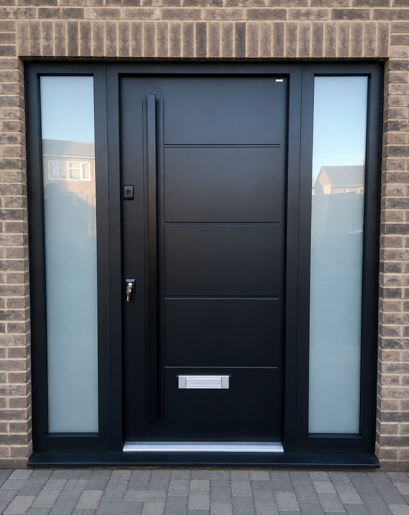 Contemporary black Gerda entrance door with a sleek grooved panel design, oversized vertical pull handle, integrated letterbox and frosted side panels, set within an anthracite aluminium frame