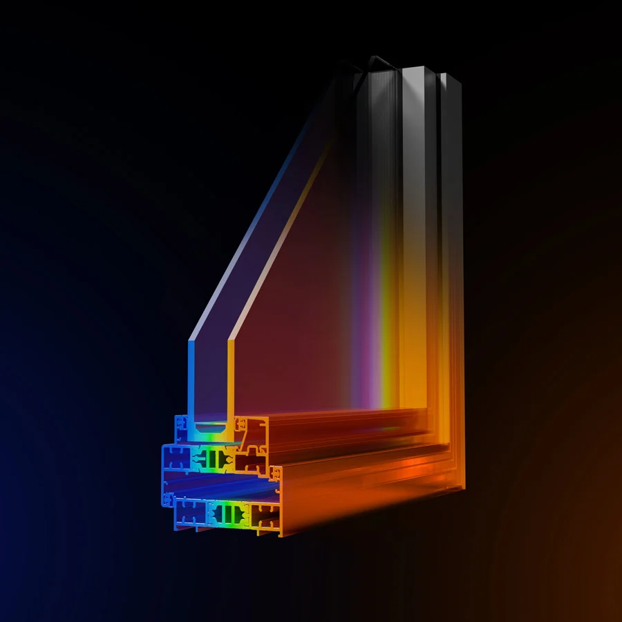 Thermal performance illustration of a double-glazed window profile showing insulated frame construction and heat-flow zones.