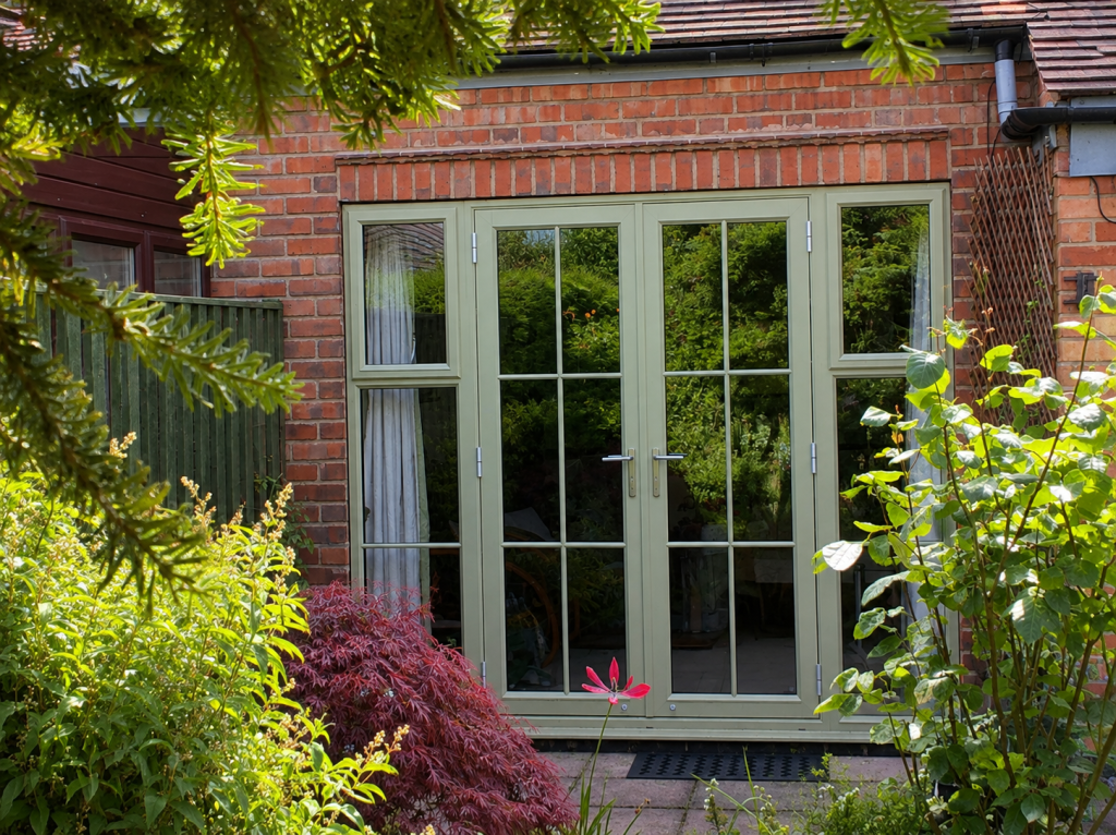 Sage green French doors with matching side windows, surrounded by a lush garden with shrubs, flowers and overhanging tree branches, set in a red brick house.
