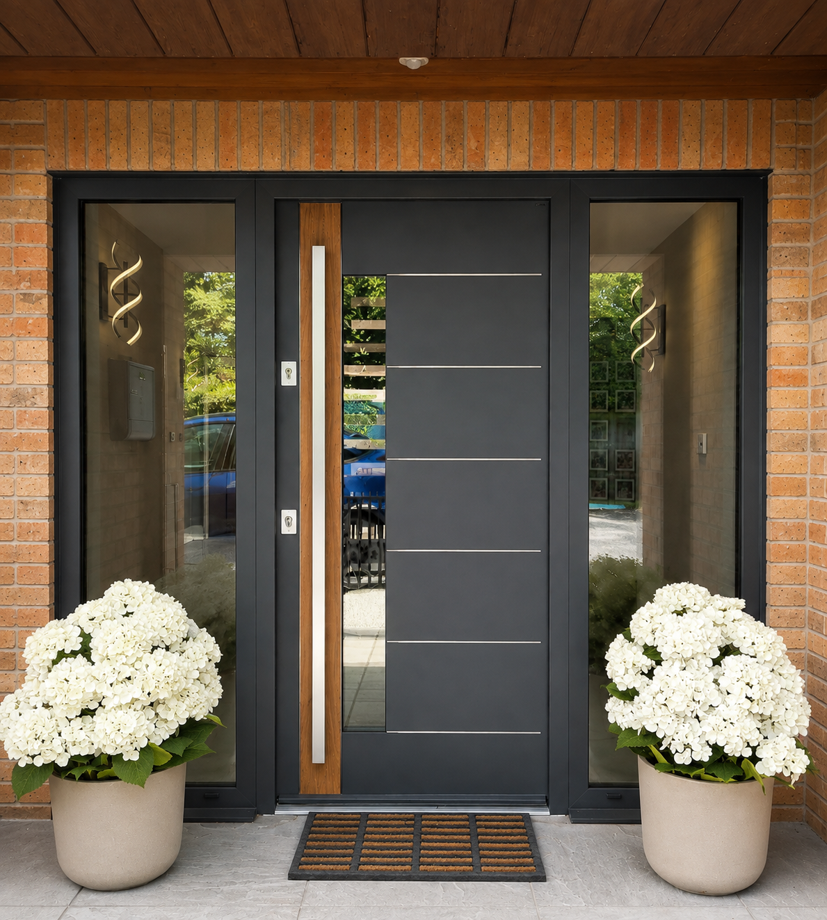 Grey Gerda entrance door with contemporary design, slim vertical glass panel, matching sidelights and stainless steel handle installed at a modern home entrance.