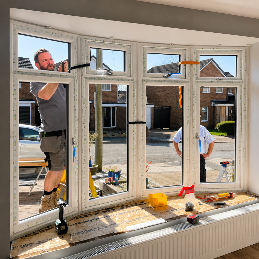 New white replacement windows being installed in a home, viewed from inside.