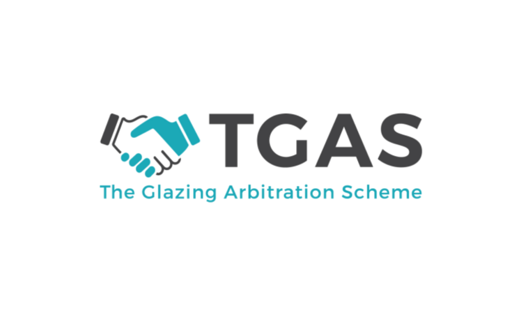 : TGAS (The Glazing Arbitration Scheme) logo, providing independent dispute resolution and consumer protection for glazing installations.
