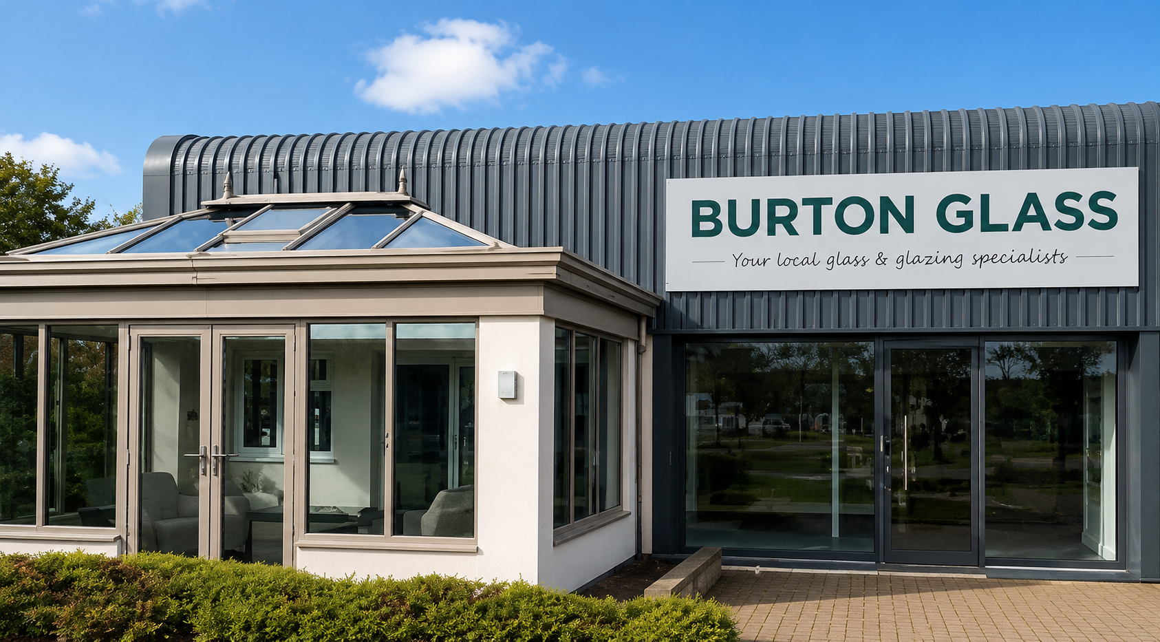 "Front exterior of the Burton Glass showroom, featuring a modern conservatory display, large glazed entrance, and contemporary glass showroom under a clear blue sky.