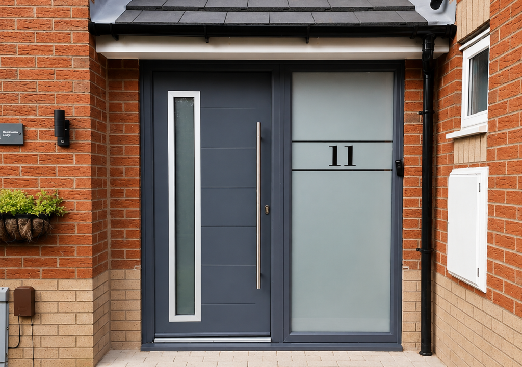 Anthracite grey entrance door with a long stainless steel handle, narrow glazed panel and matching frosted side window, set within a modern red brick home.