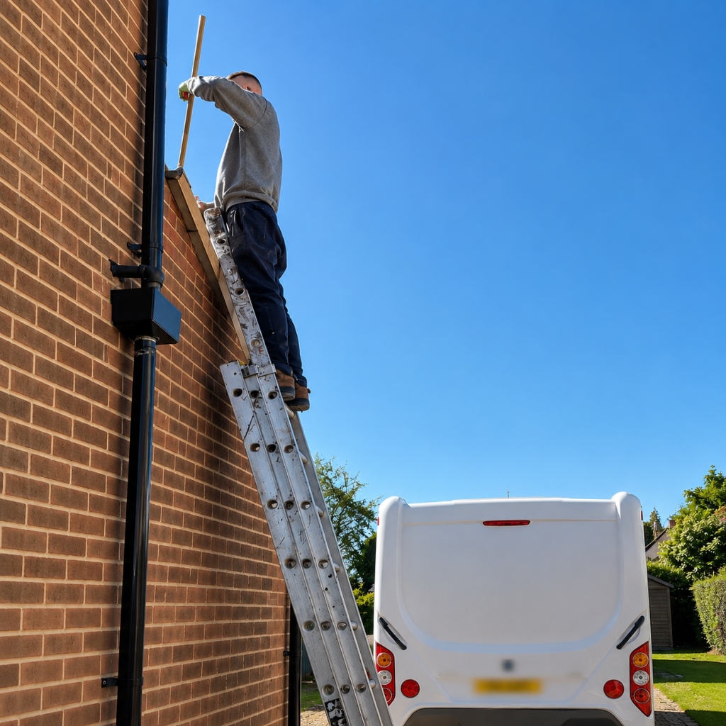 Tradesman working on a brick house roofline from a ladder with a white van in the background.