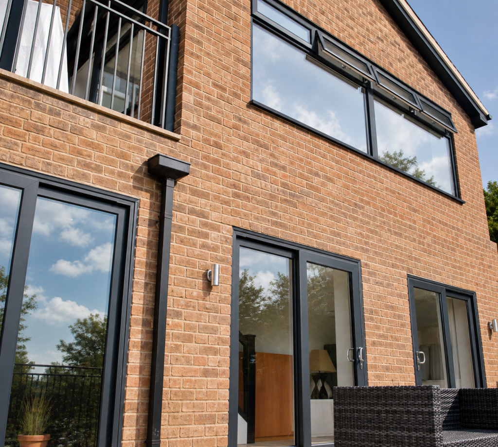 Modern brick home featuring anthracite grey aluminium patio doors and large picture windows, creating a bright, contemporary living space with seamless access to the outdoor patio."